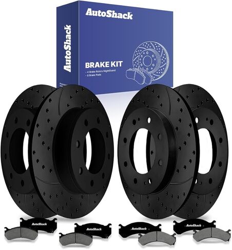 AutoShack Front Vented & Rear Vented Drilled & Slotted E-Coated Brake Rotors + Ceramic Pads 12-PC Brake Kit Replacement for 2001-2006 GMC Sierra 2500 HD 2002-2004 Chevrolet Avalanche 2500 ShadowGuard in Saudi Arabia