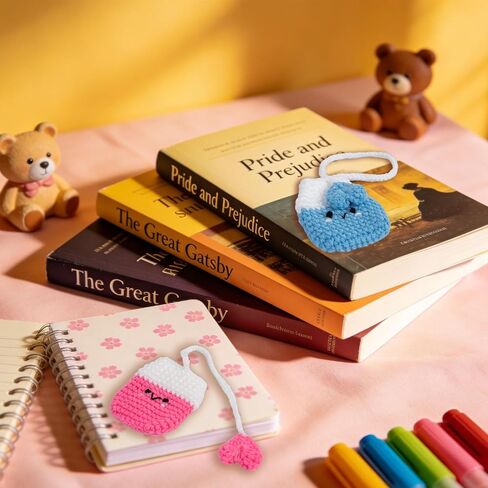 Neowedding Crochet Tea Bag Bookmark 2-Piece Set - Cute Yarn Page Markers for Book, Handmade-Style Reading Accessories for Book Lovers & Students in Saudi Arabia