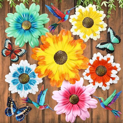12 Pack Metal Flowers Butterfly Hummingbird Wall Art Decor 3D Metal Outdoor Wall Hanging Sculptures Decoration for Outdoor Garden Fence Yard Patio Indoor Living Room Balcony(Yellow) in Saudi Arabia