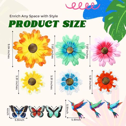 12 Pack Metal Flowers Butterfly Hummingbird Wall Art Decor 3D Metal Outdoor Wall Hanging Sculptures Decoration for Outdoor Garden Fence Yard Patio Indoor Living Room Balcony(Yellow) in Saudi Arabia