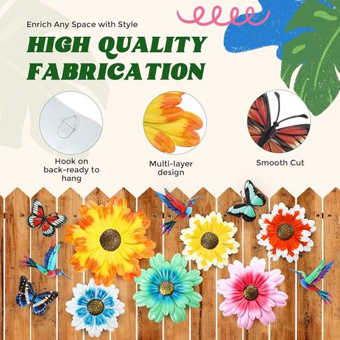 12 Pack Metal Flowers Butterfly Hummingbird Wall Art Decor 3D Metal Outdoor Wall Hanging Sculptures Decoration for Outdoor Garden Fence Yard Patio Indoor Living Room Balcony(Yellow) in Saudi Arabia