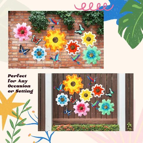 12 Pack Metal Flowers Butterfly Hummingbird Wall Art Decor 3D Metal Outdoor Wall Hanging Sculptures Decoration for Outdoor Garden Fence Yard Patio Indoor Living Room Balcony(Yellow) in Saudi Arabia