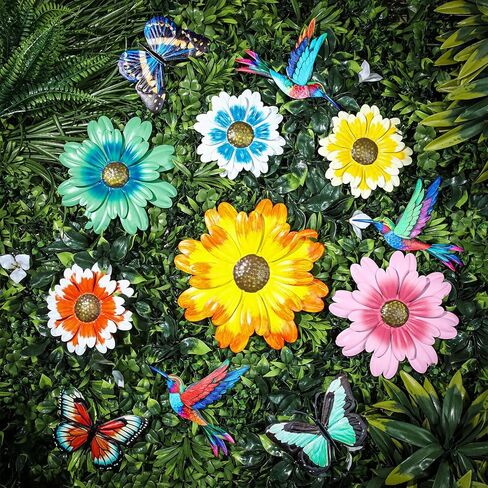 12 Pack Metal Flowers Butterfly Hummingbird Wall Art Decor 3D Metal Outdoor Wall Hanging Sculptures Decoration for Outdoor Garden Fence Yard Patio Indoor Living Room Balcony(Yellow) in Saudi Arabia
