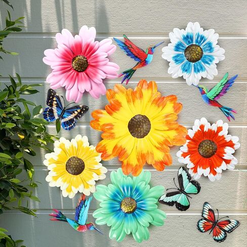 12 Pack Metal Flowers Butterfly Hummingbird Wall Art Decor 3D Metal Outdoor Wall Hanging Sculptures Decoration for Outdoor Garden Fence Yard Patio Indoor Living Room Balcony(Yellow) in Saudi Arabia