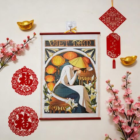 LOONELO Vietnam Nha Trang Wall Hanging Scroll, Faux Rattan Decorative Wall Art, Vietnamese Souvenir Gift, Vintage Asian Home Decor for Living Room Bedroom Office, Cultural Travel Decoration in Saudi Arabia