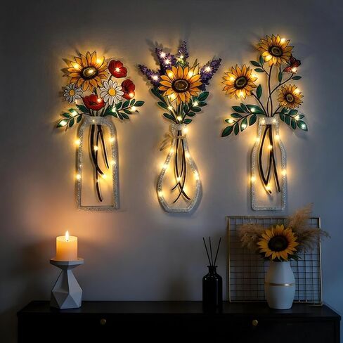 HTPARY 3 قطع معدنية على شكل زهور معدنية، ديكور جدار مزرعة ريفية زهرة ملونة مع أضواء LED ديكورات للحمام وغرفة المعيشة وغرفة النوم الحديثة ثلاثية الأبعاد للتعليق على الحائط in Kuwait