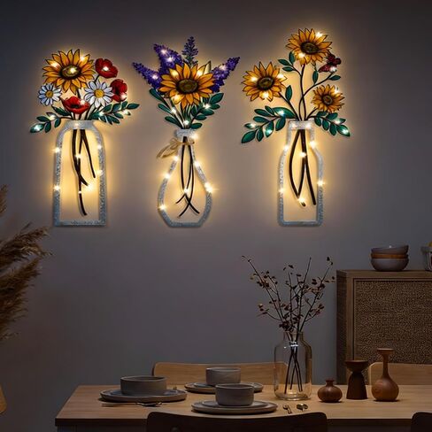 HTPARY 3 قطع معدنية على شكل زهور معدنية، ديكور جدار مزرعة ريفية زهرة ملونة مع أضواء LED ديكورات للحمام وغرفة المعيشة وغرفة النوم الحديثة ثلاثية الأبعاد للتعليق على الحائط in Kuwait