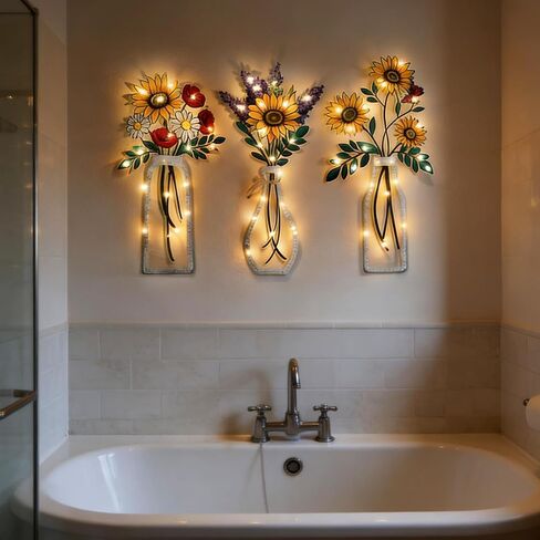 HTPARY 3 قطع معدنية على شكل زهور معدنية، ديكور جدار مزرعة ريفية زهرة ملونة مع أضواء LED ديكورات للحمام وغرفة المعيشة وغرفة النوم الحديثة ثلاثية الأبعاد للتعليق على الحائط in Kuwait