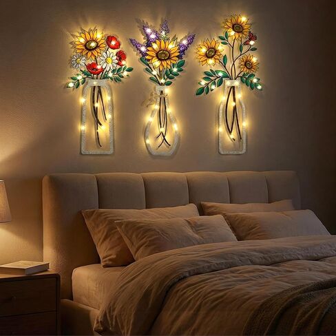 HTPARY 3 قطع معدنية على شكل زهور معدنية، ديكور جدار مزرعة ريفية زهرة ملونة مع أضواء LED ديكورات للحمام وغرفة المعيشة وغرفة النوم الحديثة ثلاثية الأبعاد للتعليق على الحائط in Kuwait