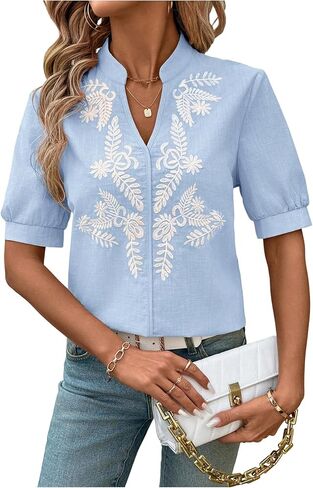MakeMeChic Women's Boho Blouses Floral Embroidery Notched Short Sleeve Going Out Tops in Saudi Arabia