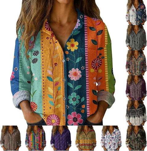 S-5XL Boho Button Shirts for Women Waffle Weave Long Sleeve Blouse with Pockets Ladies V Neck Vintage Printed Tops in Saudi Arabia