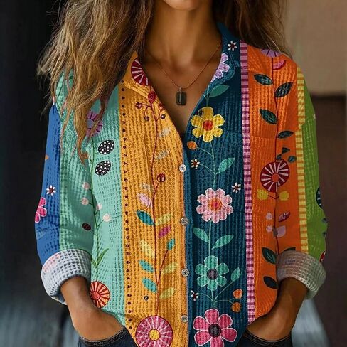 S-5XL Boho Button Shirts for Women Waffle Weave Long Sleeve Blouse with Pockets Ladies V Neck Vintage Printed Tops in Saudi Arabia