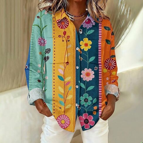 S-5XL Boho Button Shirts for Women Waffle Weave Long Sleeve Blouse with Pockets Ladies V Neck Vintage Printed Tops in Saudi Arabia