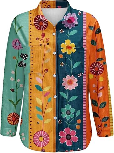 S-5XL Boho Button Shirts for Women Waffle Weave Long Sleeve Blouse with Pockets Ladies V Neck Vintage Printed Tops in Saudi Arabia