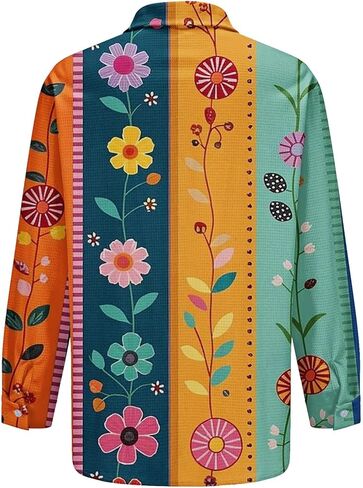 S-5XL Boho Button Shirts for Women Waffle Weave Long Sleeve Blouse with Pockets Ladies V Neck Vintage Printed Tops in Saudi Arabia
