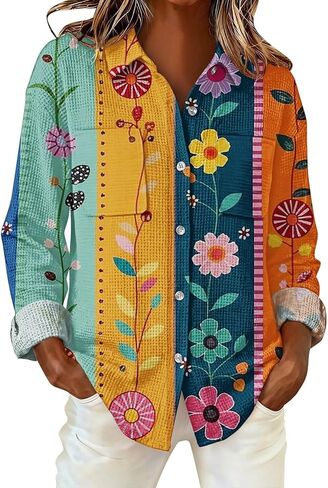 S-5XL Boho Button Shirts for Women Waffle Weave Long Sleeve Blouse with Pockets Ladies V Neck Vintage Printed Tops in Saudi Arabia