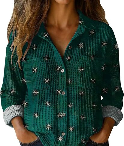 S-5XL Boho Button Shirts for Women Waffle Weave Long Sleeve Blouse with Pockets Ladies V Neck Vintage Printed Tops in Saudi Arabia