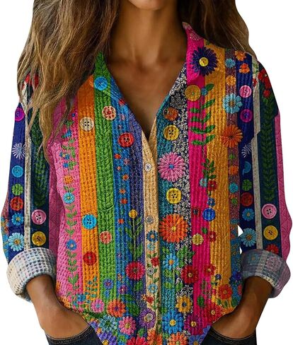 S-5XL Boho Button Shirts for Women Waffle Weave Long Sleeve Blouse with Pockets Ladies V Neck Vintage Printed Tops in Saudi Arabia