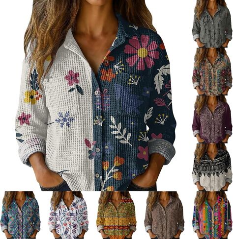 S-5XL Boho Button Shirts for Women Waffle Weave Long Sleeve Blouse with Pockets Ladies V Neck Vintage Printed Tops in Saudi Arabia