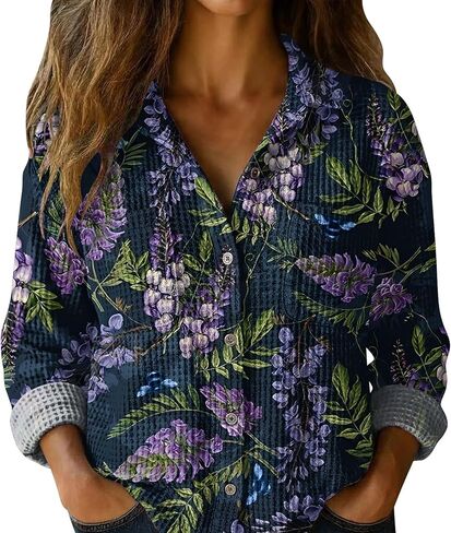S-5XL Boho Button Shirts for Women Waffle Weave Long Sleeve Blouse with Pockets Ladies V Neck Vintage Printed Tops in Saudi Arabia