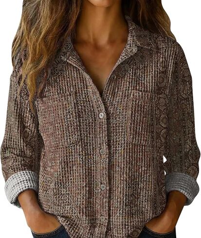 S-5XL Boho Button Shirts for Women Waffle Weave Long Sleeve Blouse with Pockets Ladies V Neck Vintage Printed Tops in Saudi Arabia