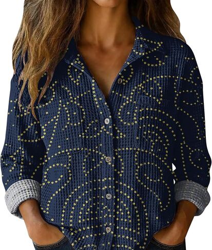 S-5XL Boho Button Shirts for Women Waffle Weave Long Sleeve Blouse with Pockets Ladies V Neck Vintage Printed Tops in Saudi Arabia