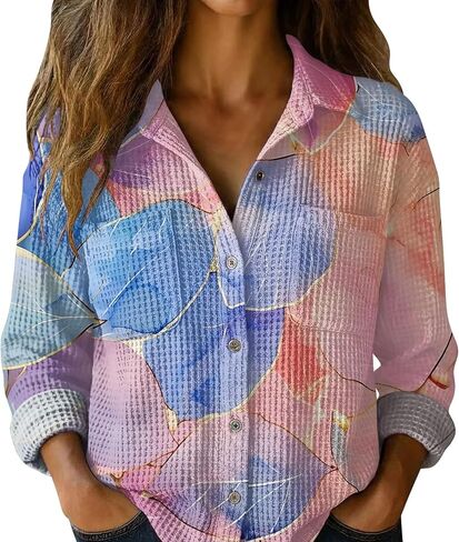 S-5XL Boho Button Shirts for Women Waffle Weave Long Sleeve Blouse with Pockets Ladies V Neck Vintage Printed Tops in Saudi Arabia