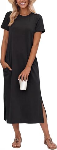 GRECERELLE Women's Short Sleeve Loose Fit Midi Long Dress - Wrinkle-Free Crewneck Split for Work Travel Casual Versatile in Saudi Arabia
