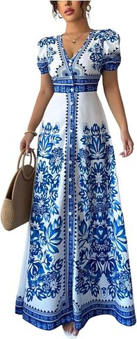 Floerns Women's Floral V Neck Maxi Dress Button Down Puff Sleeve Beach Vacation Dresses in Saudi Arabia