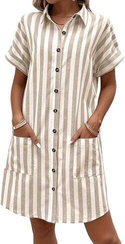utcoco Women's Striped Shirt Dress Short Sleeve Button Front Casual Loose Fit Mini Dress with Pockets in Saudi Arabia