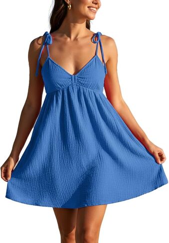 Narecte Women’s Summer Dress Spaghetti Strap V Neck Casual Mini Dress, Tie Shoulder Flowy A-Line Sundress in Kuwait