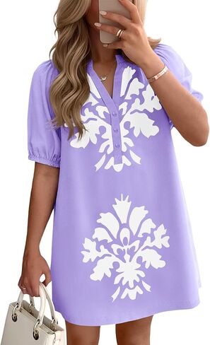 Wenrine Womens Puff Short Sleeve Mini Dress Summer Floral Print Button V Neck Loose Casual Shift Dresses with Pockets in Saudi Arabia