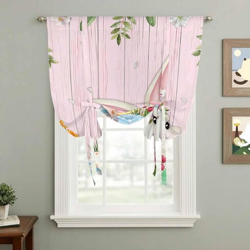 Easter Bunny Tie Up Curtains for Window, Spring Watercolor Eggs Flower Wood Grain Pink Thermal Balloon Shade Adjustable Rod Pocket Curtains Valance Panels for Kitchen Bathroom Café 42'' x 45'' in Saudi Arabia