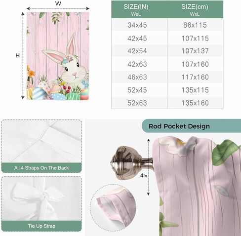Easter Bunny Tie Up Curtains for Window, Spring Watercolor Eggs Flower Wood Grain Pink Thermal Balloon Shade Adjustable Rod Pocket Curtains Valance Panels for Kitchen Bathroom Café 42'' x 45'' in Saudi Arabia