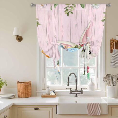 Easter Bunny Tie Up Curtains for Window, Spring Watercolor Eggs Flower Wood Grain Pink Thermal Balloon Shade Adjustable Rod Pocket Curtains Valance Panels for Kitchen Bathroom Café 42'' x 45'' in Saudi Arabia