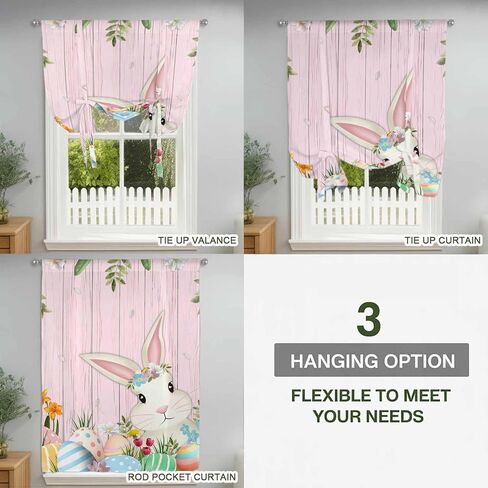 Easter Bunny Tie Up Curtains for Window, Spring Watercolor Eggs Flower Wood Grain Pink Thermal Balloon Shade Adjustable Rod Pocket Curtains Valance Panels for Kitchen Bathroom Café 42'' x 45'' in Saudi Arabia
