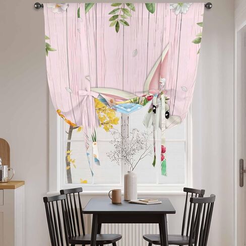 Easter Bunny Tie Up Curtains for Window, Spring Watercolor Eggs Flower Wood Grain Pink Thermal Balloon Shade Adjustable Rod Pocket Curtains Valance Panels for Kitchen Bathroom Café 42'' x 45'' in Saudi Arabia