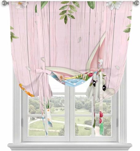 Easter Bunny Tie Up Curtains for Window, Spring Watercolor Eggs Flower Wood Grain Pink Thermal Balloon Shade Adjustable Rod Pocket Curtains Valance Panels for Kitchen Bathroom Café 42'' x 45'' in Saudi Arabia
