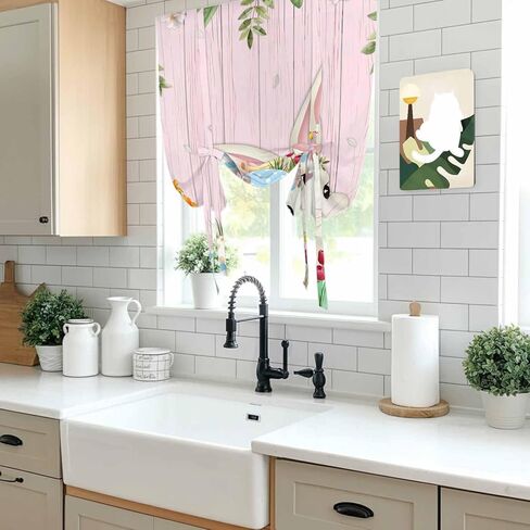 Easter Bunny Tie Up Curtains for Window, Spring Watercolor Eggs Flower Wood Grain Pink Thermal Balloon Shade Adjustable Rod Pocket Curtains Valance Panels for Kitchen Bathroom Café 42'' x 45'' in Saudi Arabia