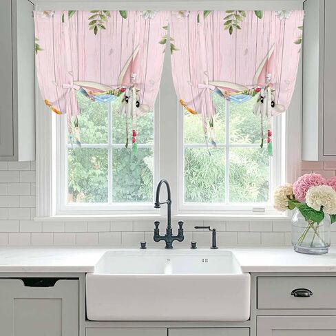 Easter Bunny Tie Up Curtains for Window, Spring Watercolor Eggs Flower Wood Grain Pink Thermal Balloon Shade Adjustable Rod Pocket Curtains Valance Panels for Kitchen Bathroom Café 42'' x 45'' in Saudi Arabia