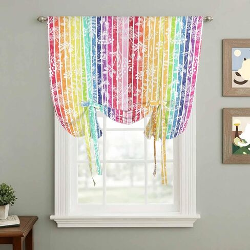 Dandelion Tie Up Curtains for Window, Rainbow Stripes Modern Minimalist Flowers Thermal Insulated Balloon Shade Adjustable Rod Pocket Curtains Valance Panels for Kitchen Bathroom Café 42'' x 45'' in Kuwait