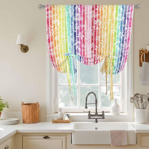 Dandelion Tie Up Curtains for Window, Rainbow Stripes Modern Minimalist Flowers Thermal Insulated Balloon Shade Adjustable Rod Pocket Curtains Valance Panels for Kitchen Bathroom Café 42'' x 45'' in Kuwait
