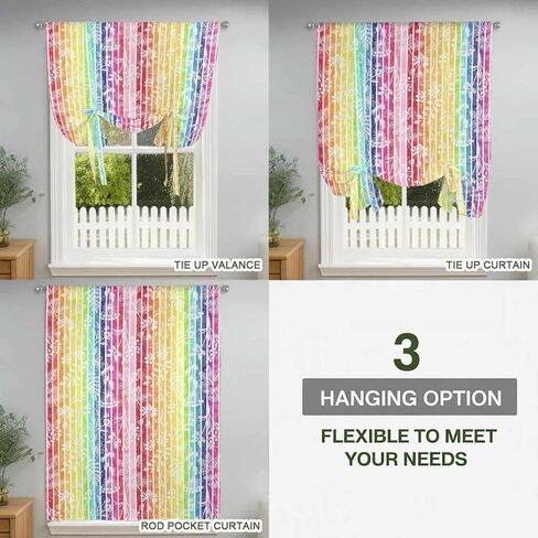 Dandelion Tie Up Curtains for Window, Rainbow Stripes Modern Minimalist Flowers Thermal Insulated Balloon Shade Adjustable Rod Pocket Curtains Valance Panels for Kitchen Bathroom Café 42'' x 45'' in Kuwait