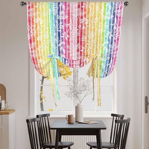 Dandelion Tie Up Curtains for Window, Rainbow Stripes Modern Minimalist Flowers Thermal Insulated Balloon Shade Adjustable Rod Pocket Curtains Valance Panels for Kitchen Bathroom Café 42'' x 45'' in Kuwait