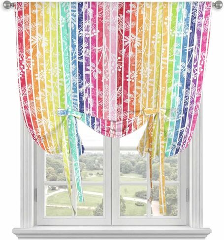 Dandelion Tie Up Curtains for Window, Rainbow Stripes Modern Minimalist Flowers Thermal Insulated Balloon Shade Adjustable Rod Pocket Curtains Valance Panels for Kitchen Bathroom Café 42'' x 45'' in Kuwait