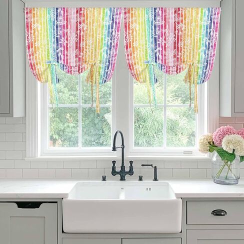 Dandelion Tie Up Curtains for Window, Rainbow Stripes Modern Minimalist Flowers Thermal Insulated Balloon Shade Adjustable Rod Pocket Curtains Valance Panels for Kitchen Bathroom Café 42'' x 45'' in Kuwait