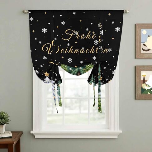 Black Christmas Tree Tie Up Curtains for Window, Xmas Trees Snowflakes Winter Holiday Thermal Balloon Shade Adjustable Rod Pocket Curtains Valance Panels for Kitchen Bathroom Café 52'' x 63'' in Saudi Arabia
