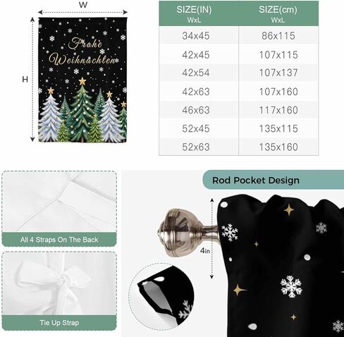 Black Christmas Tree Tie Up Curtains for Window, Xmas Trees Snowflakes Winter Holiday Thermal Balloon Shade Adjustable Rod Pocket Curtains Valance Panels for Kitchen Bathroom Café 52'' x 63'' in Saudi Arabia