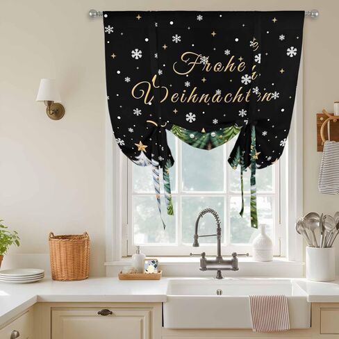 Black Christmas Tree Tie Up Curtains for Window, Xmas Trees Snowflakes Winter Holiday Thermal Balloon Shade Adjustable Rod Pocket Curtains Valance Panels for Kitchen Bathroom Café 52'' x 63'' in Saudi Arabia