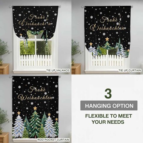 Black Christmas Tree Tie Up Curtains for Window, Xmas Trees Snowflakes Winter Holiday Thermal Balloon Shade Adjustable Rod Pocket Curtains Valance Panels for Kitchen Bathroom Café 52'' x 63'' in Saudi Arabia